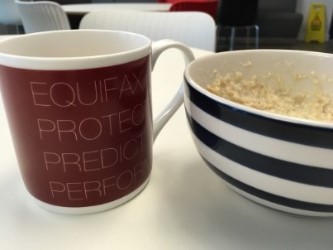 Mug and breakfast on desk